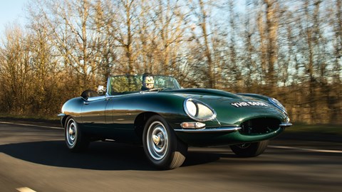 Jaguar E-Type by E-Type UK (2025) review: front three quarter tracking, green paint, low angle