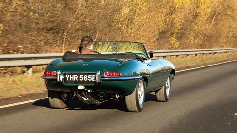 Jaguar E-Type by E-Type UK (2025) review: rear three quarter tracking, green paint, high angle