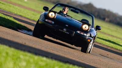 Electrogenic electric Mazda MX-5 conversion review - front, driving round corner on track