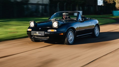 Electrogenic MX-5 review - front, driving, Bicester Heritage