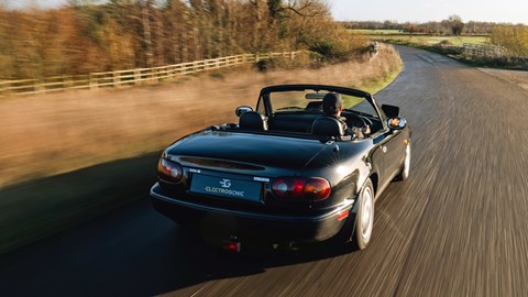 Electrogenic MX-5 review - rear, driving in countryside