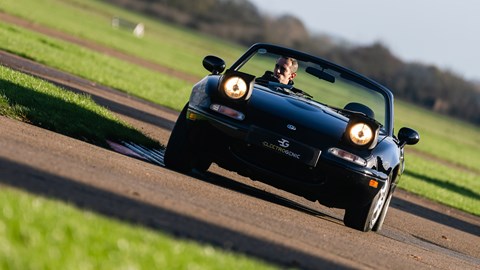 Electrogenic MX-5 review - front, driving round corner, Bicester Motion track