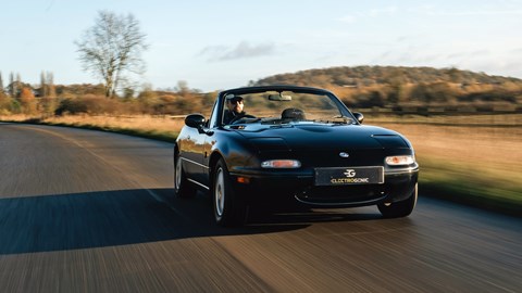 Electrogenic MX-5 review - front, driving in countryside