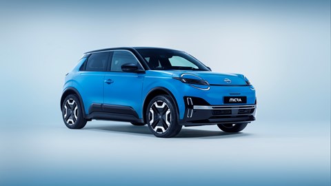 New Nissan Micra EV, blue, front, based on Renault 5 E-Tech