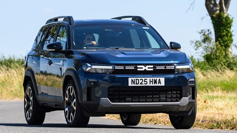 Dacia Bigster (2025) review: front three quarter cornering, blue paint, countryside