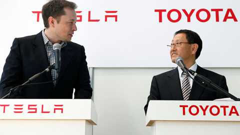 Tesla chief Elon Musk (left) and Toyota boss Akio Toyoda back in 2010 (Bloomberg)