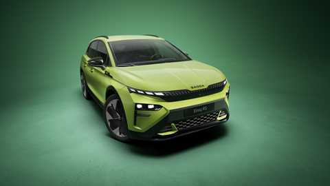 Image of the Skoda Elroq vRS in green, viewed from front right three-quarters