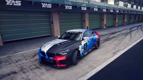 Image of a BMW M2 Racing, in BMW Motorsport livery, viewed from the front left corner