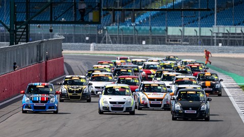 Image of the 750MC Swift Sport Challenge leaving the start line at Silverstone circuit