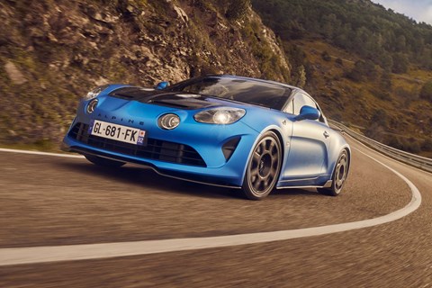 Alpine A110 R front three quarter driving, blue paint