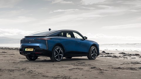 DS No.8 static, rear three quarter view, parked by a beach