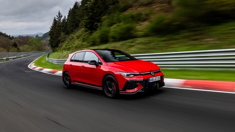VW Golf GTI Edition 50 - front, red, driving on Nurburgring