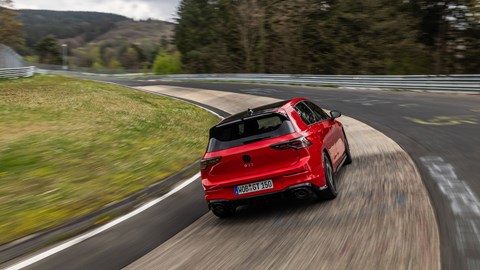VW Golf GTI Edition 50 - rear, red, driving on Karussell, Nurburgring