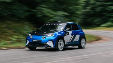 Alpine A290 Rallye: front three quarter cornering, blue livery