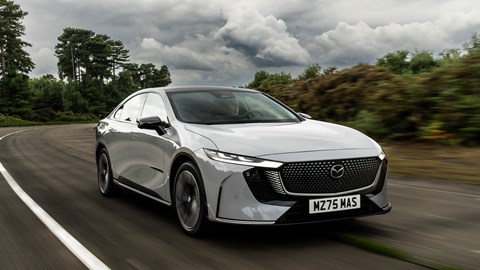 Mazda 6e (2026) review: front three quarter driving, grey paint