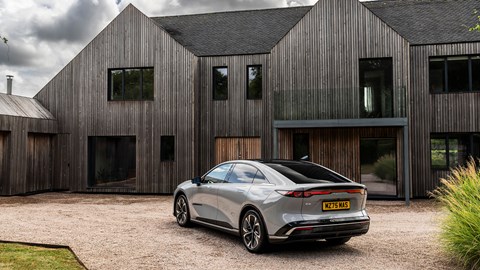 Mazda 6e (2026) review: rear three quarter static, grey paint