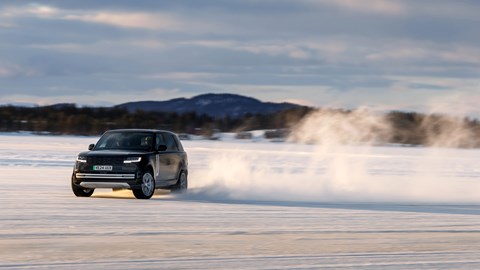 Range Rover Electric sideways on a frozen lake