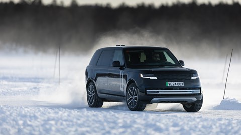 Range Rover Electric on circuit carved into a frozen lake