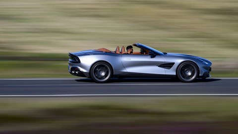 Aston Martin Vanquish Volante review - side, silver, driving fast