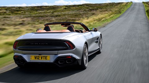 Aston Martin Vanquish Volante review - rear, silver, driving