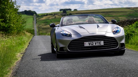 Aston Martin Vanquish Volante review - dead-on front, silver, driving
