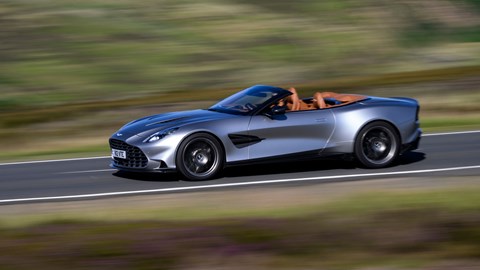Aston Martin Vanquish Volante review - front side, silver, driving fast