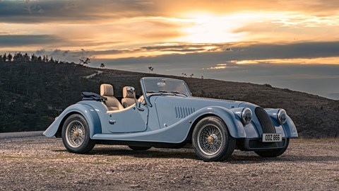 Morgan Plus Four review - front, blue, at sunset