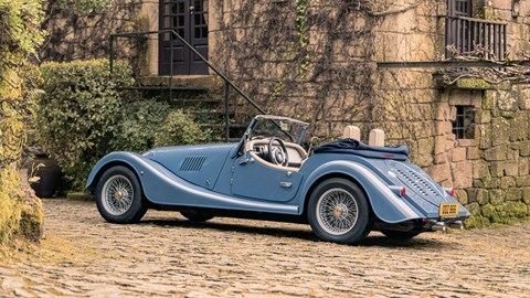 Morgan Plus Four review - rear, blue, in village