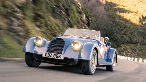 Morgan Plus Four review - front, blue, driving fast