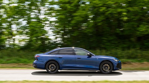 Audi A6 saloon (2025) review: side view driving, blue paint