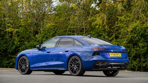 Audi A6 saloon (2025) review: rear three quarter static, blue paint