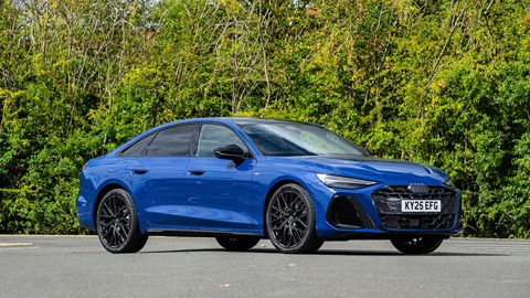 Audi A6 saloon (2025) review: front three quarter static, blue paint