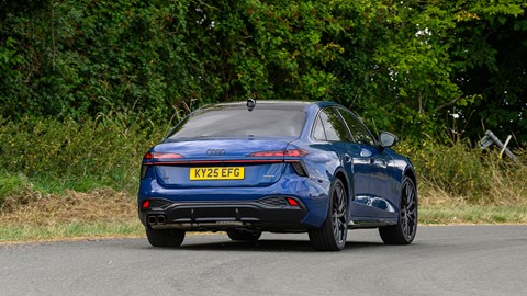 Audi A6 saloon (2025) review: rear three quarter cornering, blue paint, wide angle