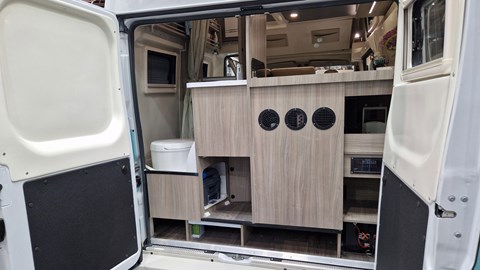 Caselani Fiat 616N world premier at Dusseldorf Caravan Salon 2025 - rear bathroom with access via door