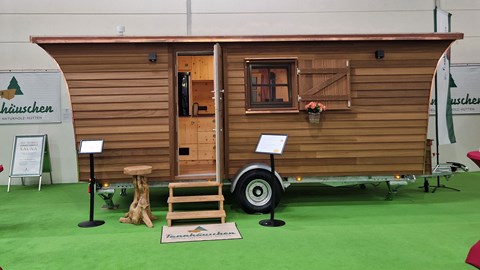 Tannhauschen wooden caravan at the 2025 Dusseldorf Caravan Salon - delightful, pricey and not very aerodynamic by the looks of it