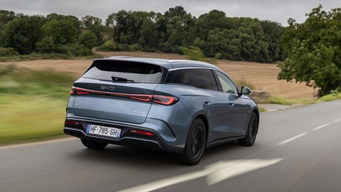 BYD Seal 6 DM-i (2025) Touring review: rear three quarter tracking, blue paint