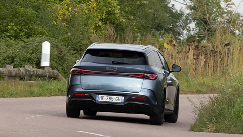 BYD Seal 6 DM-i (2025) Touring review: rear three quarter cornering, blue paint