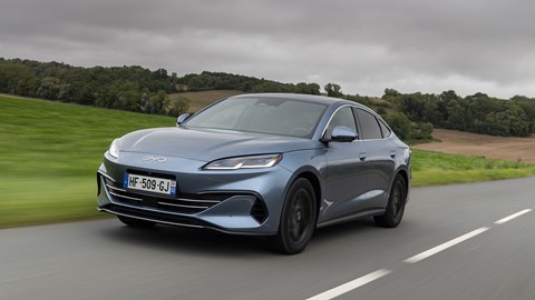 BYD Seal 6 DM-i saloon (2025) review: front three quarter tracking, blue paint