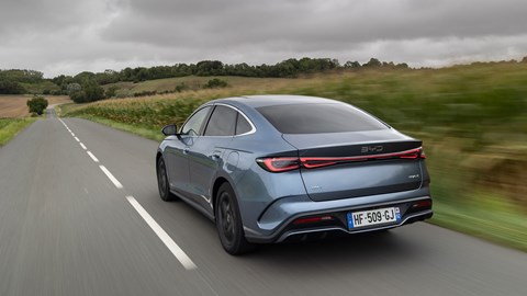 BYD Seal 6 DM-i saloon (2025) review: rear three quarter tracking, blue paint