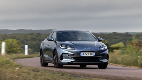 BYD Seal 6 DM-i saloon (2025) review: front three quarter cornering, blue paint