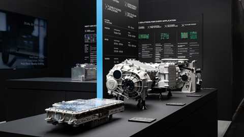 Image of Rimac's display at the 2025 Munich motor show, showing a solid-state battery and eAxle units