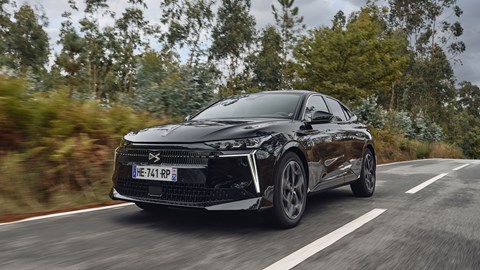 DS No.4 (2025) review: front three quarter driving, through a forest, low angle, black paint