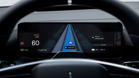 Google Maps live lane guidance on Polestar 4 driver display