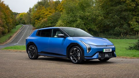 Kia EV4 (2025) review: front three quarter static, blue paint