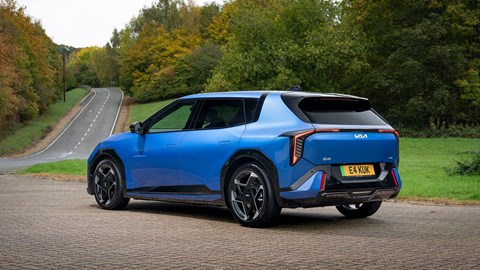 Kia EV4 (2025) review: rear three quarter static, blue paint