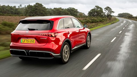 MG S6 EV review - rear, red, driving