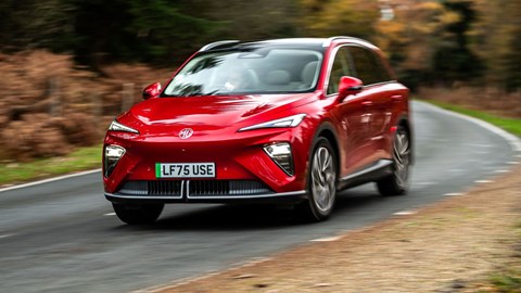 MG S6 EV review - front, red, driving round corner