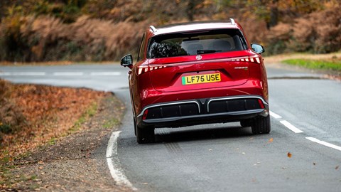 MG S6 EV review - dead-on rear, red, driving