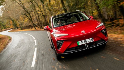 MG S6 EV review - dead-on front, red, cornering