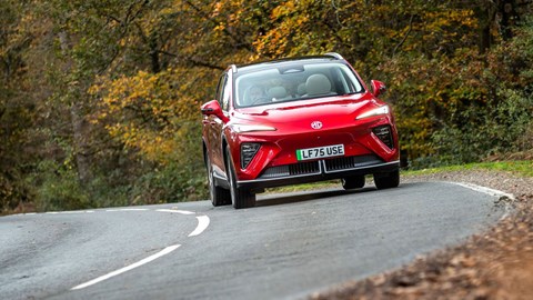 MG S6 EV review - front, red, cornering